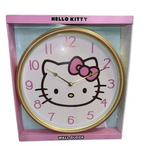 Hello Kitty oversized XL round circular‎ pink & gold trim wall clock new in box